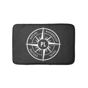 Compass star emblem monogram black and white bath mat