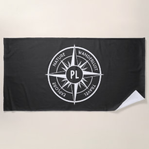 Compass star emblem monogram black and white beach towel