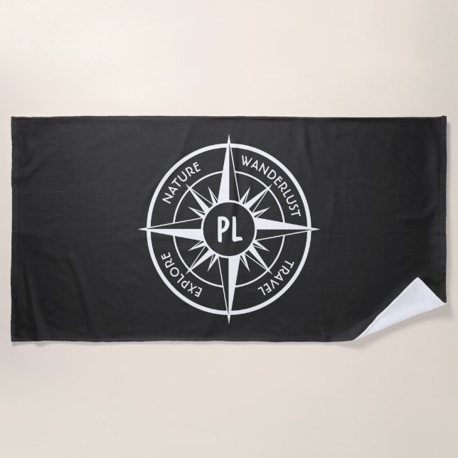 Compass star emblem monogram black and white beach towel (Front)