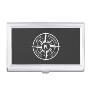 Compass star emblem monogram black and white business card case