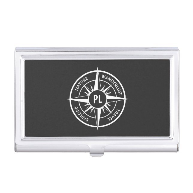 Compass star emblem monogram black and white business card case (Front)