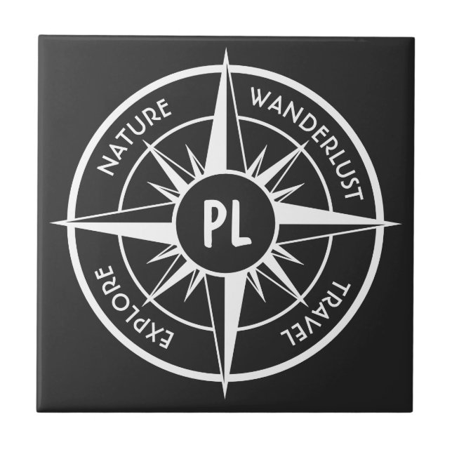 Compass star emblem monogram black and white ceramic tile (Front)