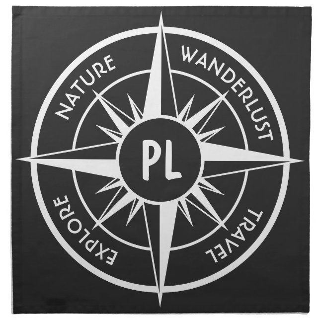 Compass star emblem monogram black and white cloth napkin (Front)