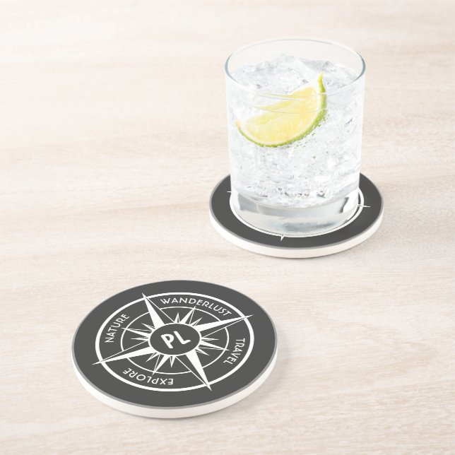 Compass star emblem monogram black and white coaster (Side)