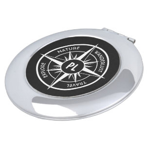 Compass star emblem monogram black and white compact mirror