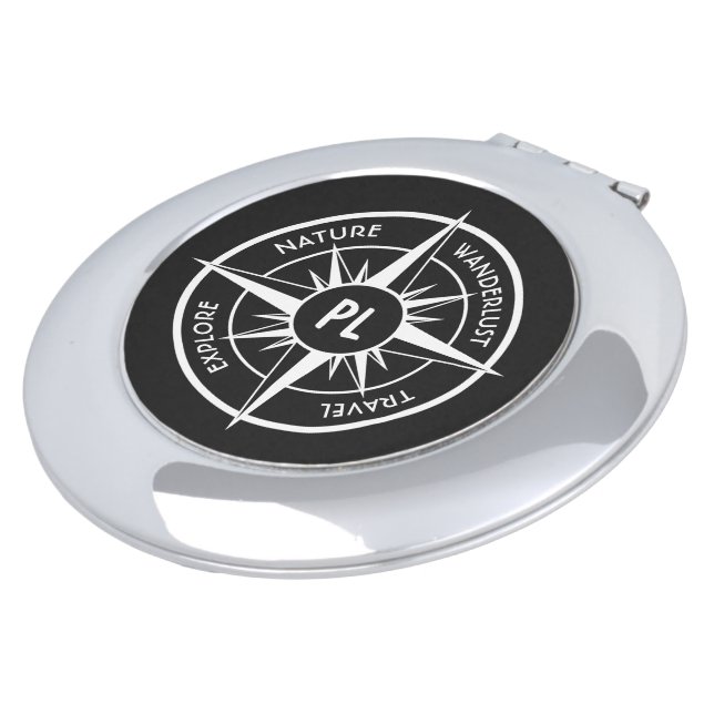 Compass star emblem monogram black and white compact mirror (Turned)