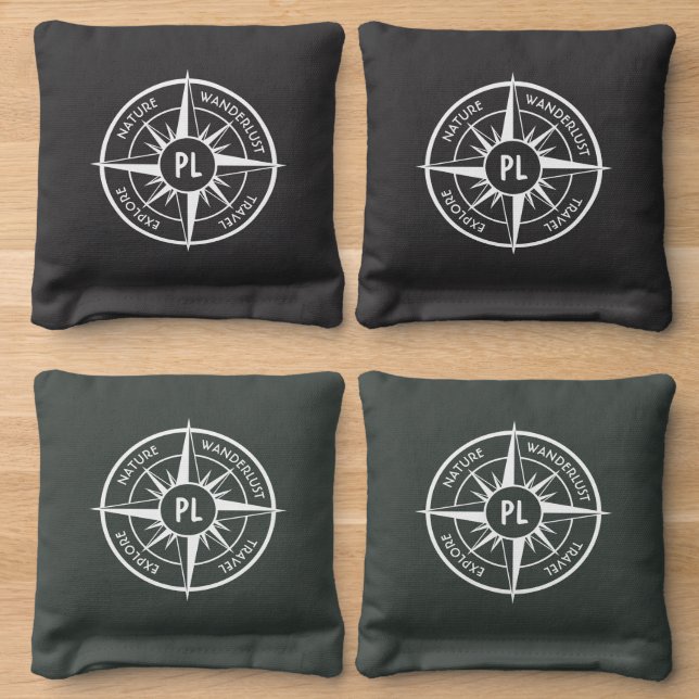 Compass star emblem monogram black and white  cornhole bags (Wood)