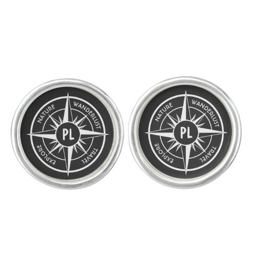 Compass star emblem monogram black and white cufflinks