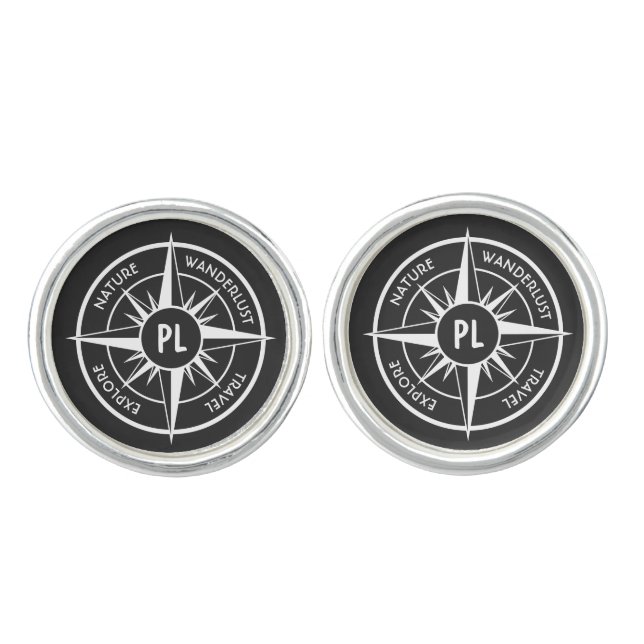 Compass star emblem monogram black and white cufflinks (Front)