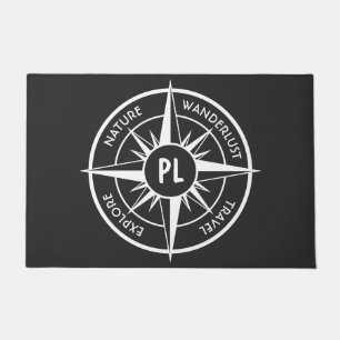 Compass star emblem monogram black and white doormat
