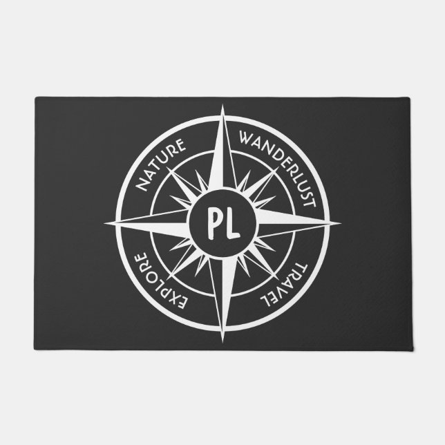 Compass star emblem monogram black and white doormat (Front)