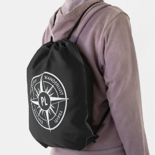 Compass star emblem monogram black and white drawstring bag
