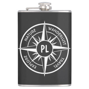 Compass star emblem monogram black and white flask
