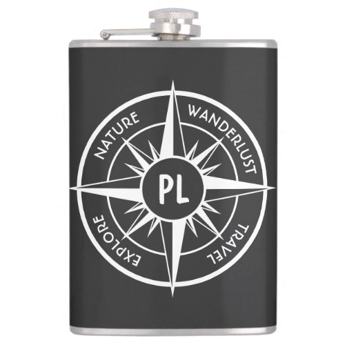 Compass star emblem monogram black and white flask