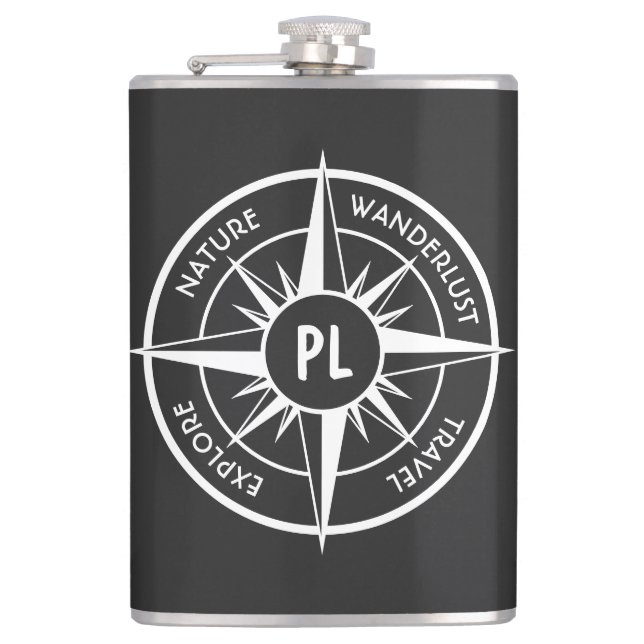 Compass star emblem monogram black and white flask (Front)