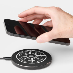 Compass star emblem monogram black and white gift wireless charger