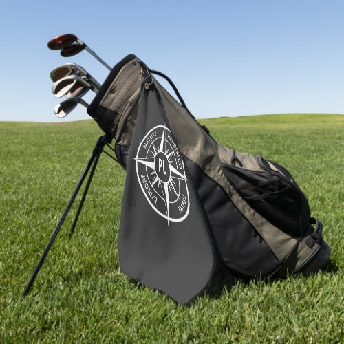 Compass star emblem monogram black and white  golf towel