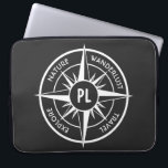 Compass star emblem monogram black and white laptop sleeve<br><div class="desc">Compass star in black and white with emblems wanderlust,  nature,  travel and explore that are customizable so you can write your own texts. In the centre of the star is a personalized monogram. Perfect for nature lovers hikers and travellers.</div>