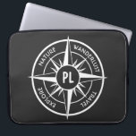 Compass star emblem monogram black and white laptop sleeve<br><div class="desc">Compass star in black and white with emblems wanderlust, nature, travel and explore that are customizable so you can write your own texts. In the centre of the star is a personalized monogram. Perfect for nature lovers hikers and travellers.</div>