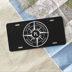 Compass star emblem monogram black and white license plate