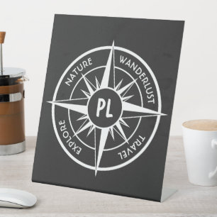 Compass star emblem monogram black and white  pedestal sign