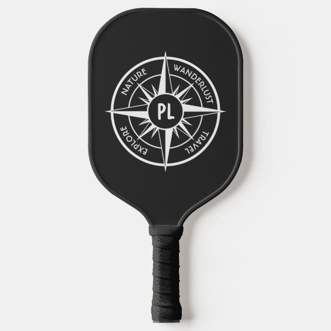 Compass star emblem monogram black and white pickleball paddle (Front)