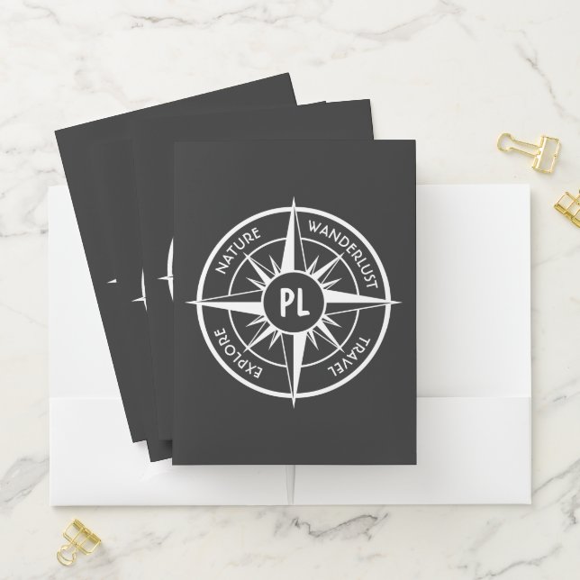 Compass star emblem monogram black and white pocket folder (In Situ)