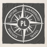 Compass star emblem monogram black and white scarf<br><div class="desc">Compass star in black and white with emblems wanderlust, nature, travel and explore that are customizable so you can write your own texts. In the centre of the star is a personalized monogram. Perfect for nature lovers hikers and travellers.</div>