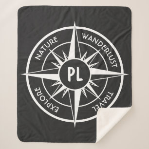 Compass star emblem monogram black and white sherpa blanket