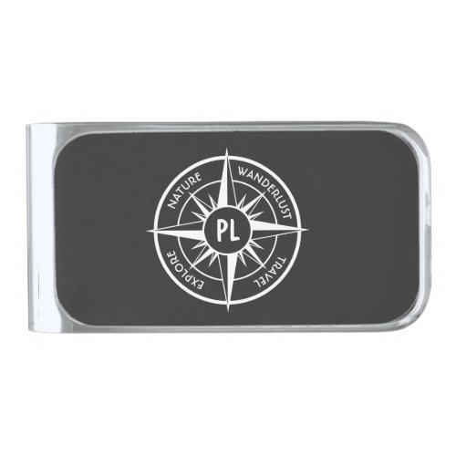 Compass star emblem monogram black and white silver finish money clip