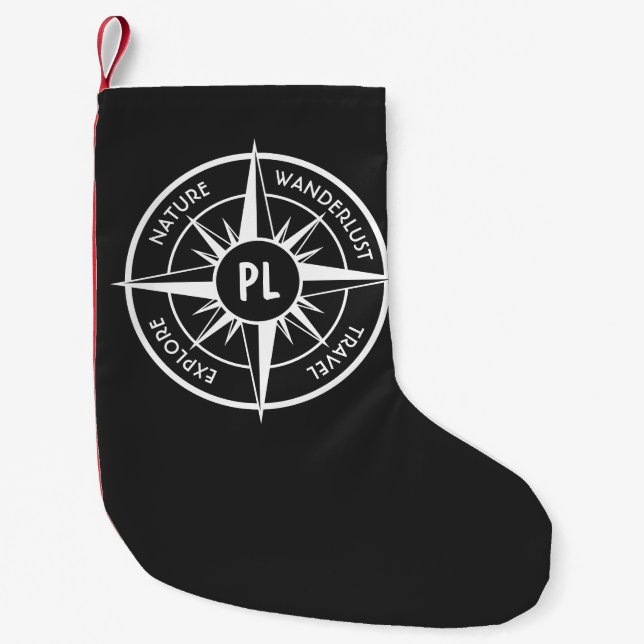 Compass star emblem monogram black and white small christmas stocking (Front)
