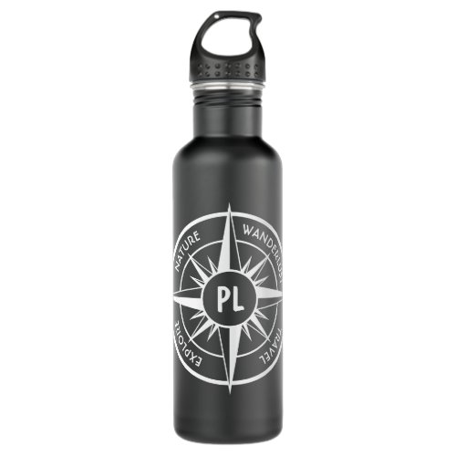 Compass star emblem monogram black and white stainless steel water bottle