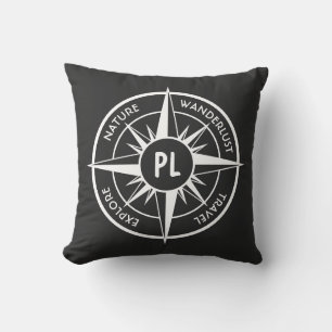 Compass star emblem monogram black and white throw pillow
