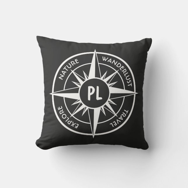 Compass star emblem monogram black and white throw pillow (Front)