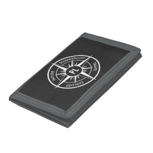 Compass star emblem monogram black and white trifold wallet