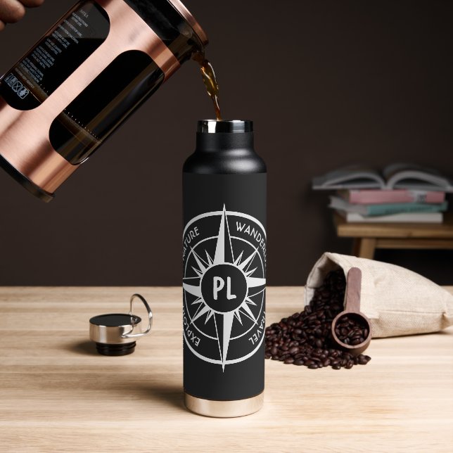 Compass star emblem monogram black and white water bottle (Coffee)