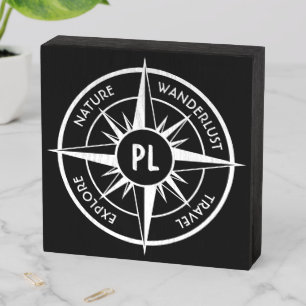 Compass star emblem monogram black and white  wooden box sign