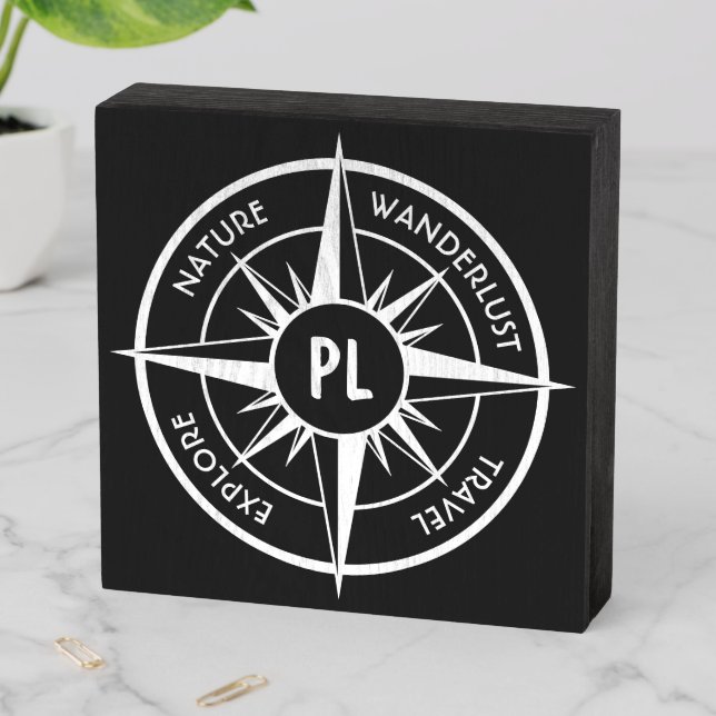 Compass star emblem monogram black and white  wooden box sign (In Situ Horizontal)