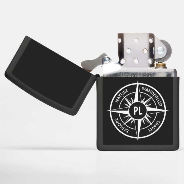 Compass star emblem monogram black and white  zippo lighter (Opened)