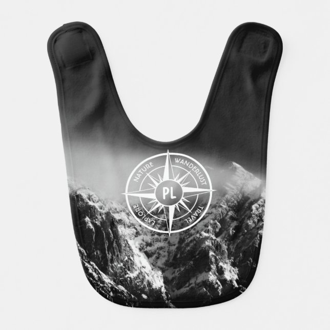 Compass star emblem monogram dramatic mountains baby bib (Front)