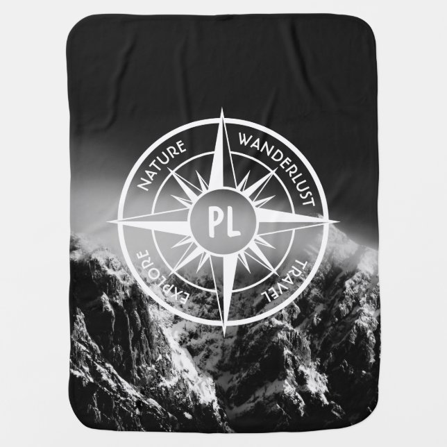 Compass star emblem monogram dramatic mountains baby blanket (Front)