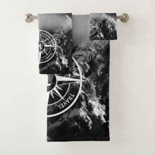 Compass star emblem monogram dramatic mountains bath towel set