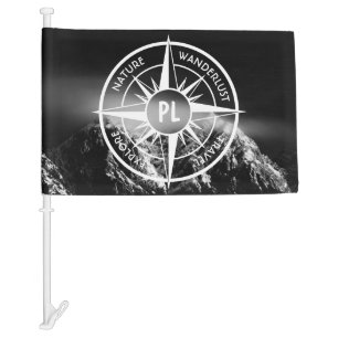 Compass star emblem monogram dramatic mountains car flag
