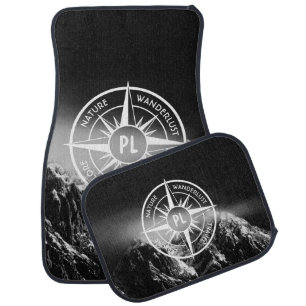 Compass star emblem monogram dramatic mountains car floor mat