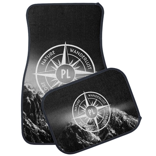 Compass star emblem monogram dramatic mountains car floor mat (Set)