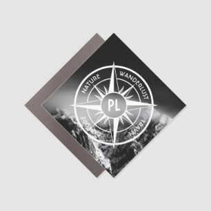 Compass star emblem monogram dramatic mountains car magnet