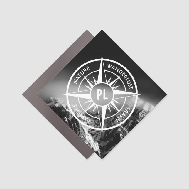 Compass star emblem monogram dramatic mountains car magnet (Front)