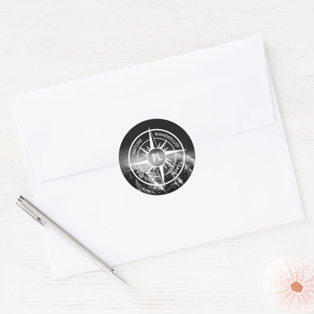 Compass star emblem monogram dramatic mountains classic round sticker (Envelope)