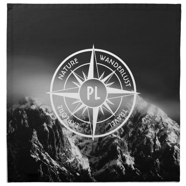 Compass star emblem monogram dramatic mountains cloth napkin (Front)