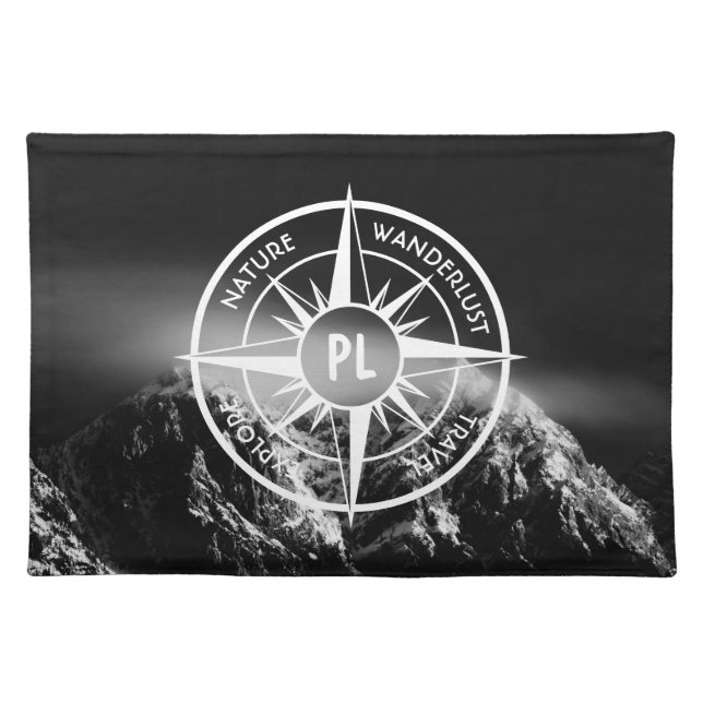 Compass star emblem monogram dramatic mountains cloth placemat (Front)